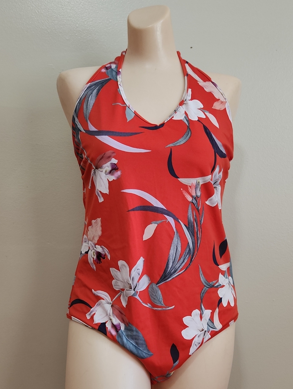 Athleta Red Floral Halter One-Piece Swimsuit